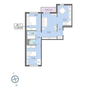 3-комнатная, 60.4 м² — ЖК ЖК Цветной город