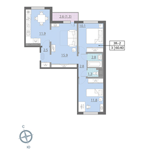3-комнатная, 60.4 м² — ЖК ЖК Цветной город