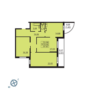 3-комнатная, 96.8 м² — ЖК ЖК Паруса