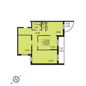 3-комнатная, 96.9 м² — ЖК ЖК Паруса