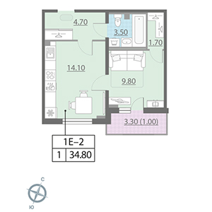 1-комнатная, 34.8 м² — ЖК ЖК Цивилизация