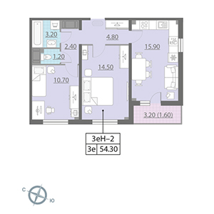 2-комнатная, 54.3 м² — ЖК ЖК Цивилизация