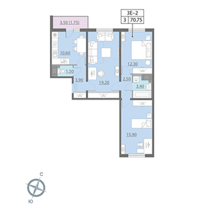 3-комнатная, 71.1 м² — ЖК ЖК Цивилизация