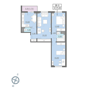 3-комнатная, 71.3 м² — ЖК ЖК Цивилизация