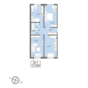 3-комнатная, 75.9 м² — ЖК ЖК Цивилизация
