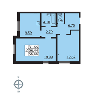 2-комнатная, 56 м² — ЖК ЖК Новая охта