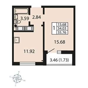 1-комнатная, 35.7 м² — ЖК ЖК Звездный дуэт