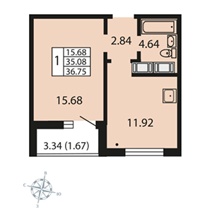 1-комнатная, 35.7 м² — ЖК ЖК Звездный дуэт