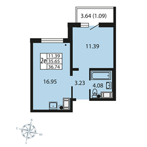 2-комнатная, 35.8 м² — ЖК ЖК Звездный дуэт