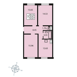 3-комнатная, 70.4 м² — ЖК ЖК Звездный дуэт