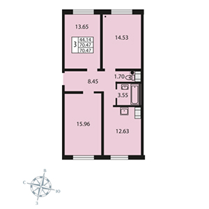 3-комнатная, 70.7 м² — ЖК ЖК Звездный дуэт