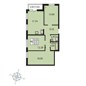 3-комнатная, 70.9 м² — ЖК ЖК Звездный дуэт