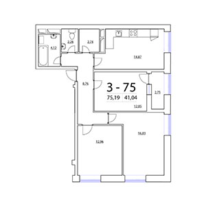 3-комнатная, 75.19 м² — ЖК ЖК Терра