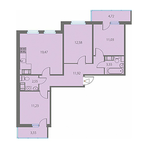 3-комнатная, 74.82 м² — ЖК ЖК Крылья