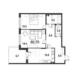 2-комнатная, 81.3 м² — ЖК ЖК Дудергоф Клаб