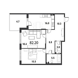 2-комнатная, 82.9 м² — ЖК ЖК Дудергоф Клаб