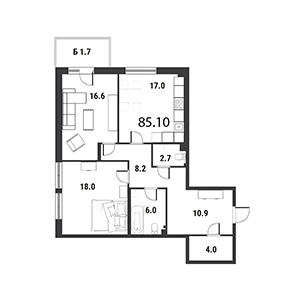 2-комнатная, 85.4 м² — ЖК ЖК Дудергоф Клаб