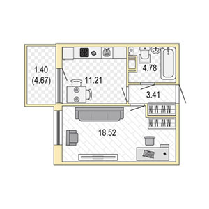 1-комнатная, 39 м² — ЖК ЖК Жемчужный Каскад