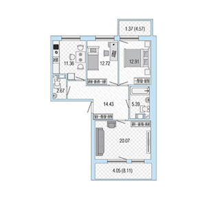 3-комнатная, 84 м² — ЖК ЖК Жемчужный Каскад