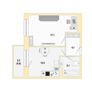 1-комнатная, 41 м² — ЖК ЖК Жемчужный Каскад