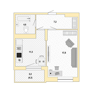 1-комнатная, 43 м² — ЖК ЖК Жемчужный Каскад