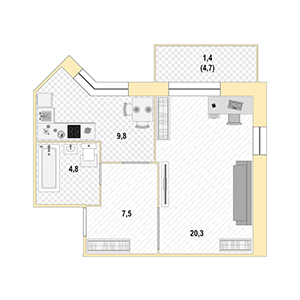 1-комнатная, 44 м² — ЖК ЖК Новый лиговский