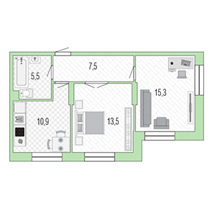 2-комнатная, 52 м² — ЖК ЖК Жемчужный Каскад