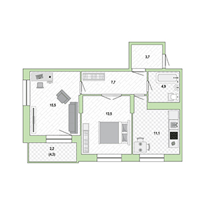 2-комнатная, 58 м² — ЖК ЖК Жемчужный Каскад