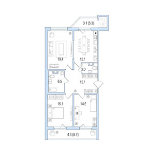 3-комнатная, 97 м² — ЖК ЖК Жемчужный берег