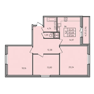 3-комнатная, 87.8 м² — ЖК ЖК Дом на набережной