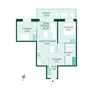 2-комнатная, 61.3 м² — ЖК ЖК Магнифика Лайфстайл