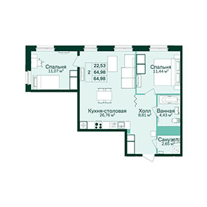 2-комнатная, 65.16 м² — ЖК ЖК Магнифика Лайфстайл