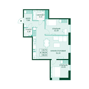 2-комнатная, 68.04 м² — ЖК ЖК Магнифика Лайфстайл