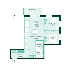 2-комнатная, 68.61 м² — ЖК ЖК Магнифика Лайфстайл