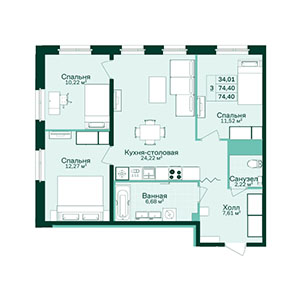 3-комнатная, 74.74 м² — ЖК ЖК Магнифика Лайфстайл