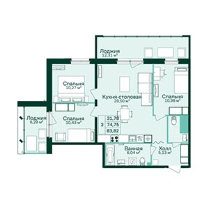 3-комнатная, 83.82 м² — ЖК ЖК Магнифика Лайфстайл