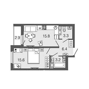 1-комнатная, 44.3 м² — ЖК ЖК Дом на набережной