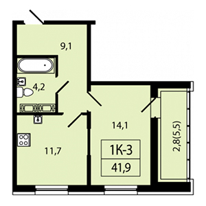 1-комнатная, 41.9 м² — ЖК ЖК Аист