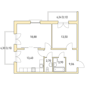 2-комнатная, 67.61 м² — ЖК ЖК Горки Парк