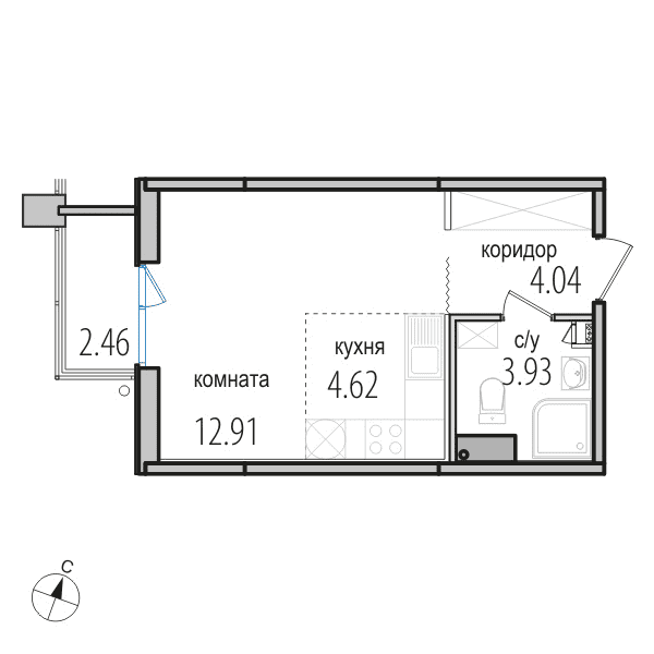 1-комнатная, 25.6 м² — ЖК ЖК Инкери