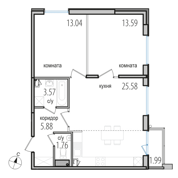 2-комнатная, 63.6 м² — ЖК ЖК Инкери