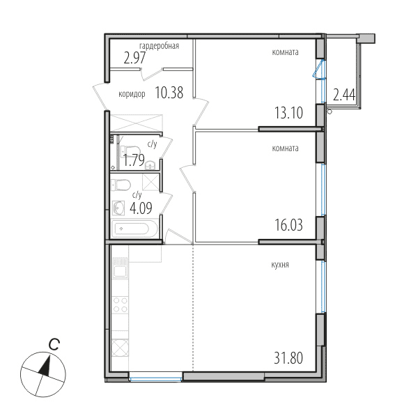 2-комнатная, 80.6 м² — ЖК ЖК Инкери