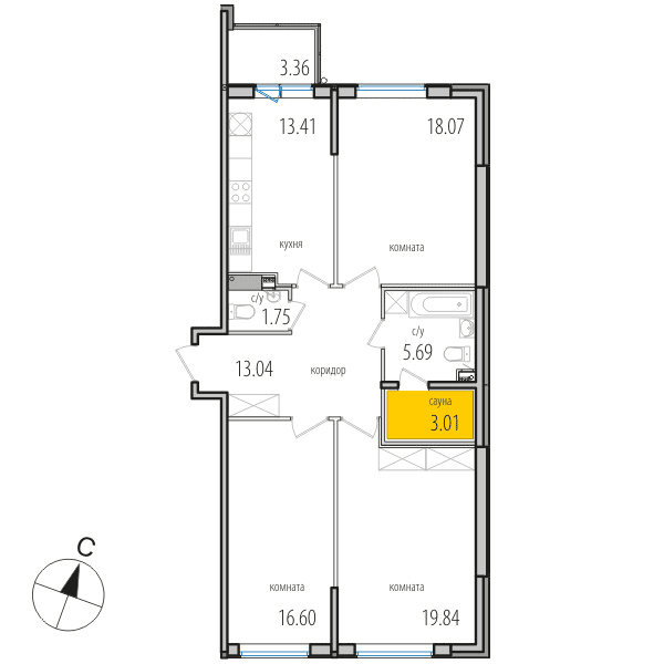 3-комнатная, 92.3 м² — ЖК ЖК Инкери