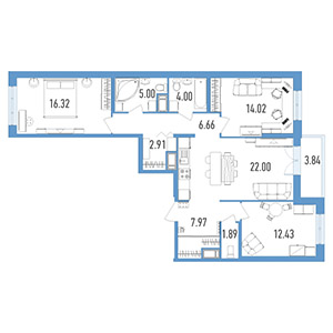 3-комнатная, 90.4 м² — ЖК ЖК Колумб