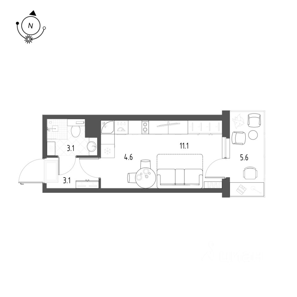 Студия, 23.6 м² — ЖК ЖК Новоорловский