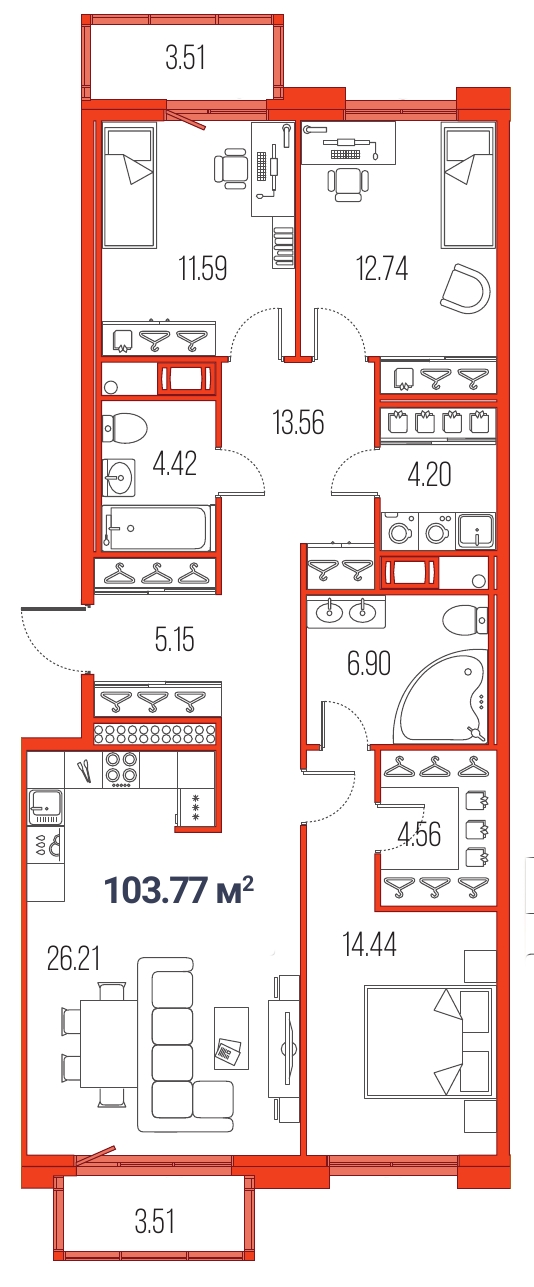 3-комнатная, 104 м² — ЖК ЖК Legenda Героев