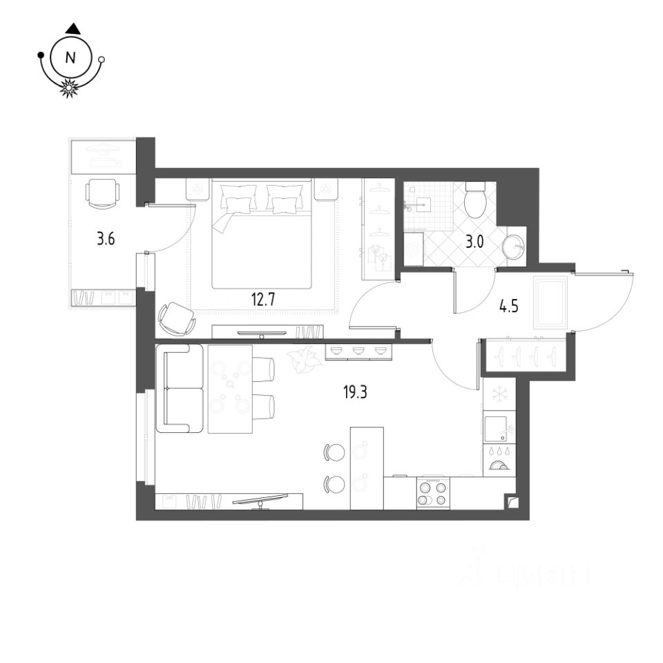 1-комнатная, 40.4 м² — ЖК ЖК Новоорловский