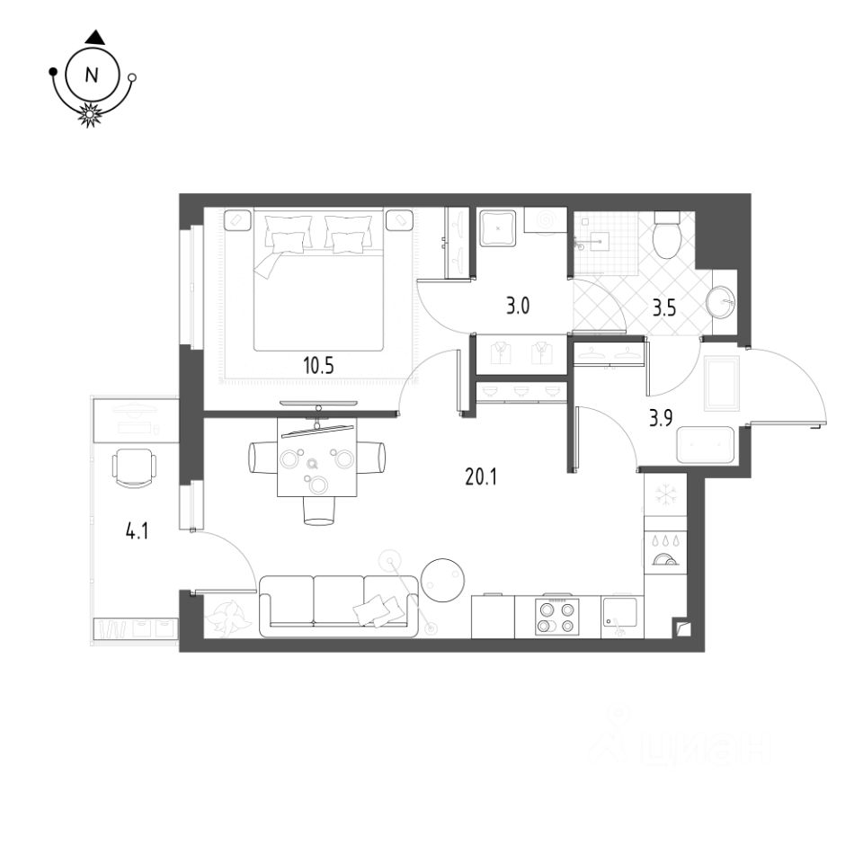 1-комнатная, 42.1 м² — ЖК ЖК Новоорловский