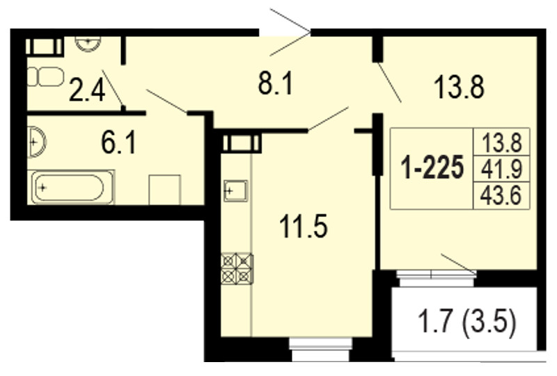 1-комнатная, 44 м² — ЖК ЖК Жемчужный берег