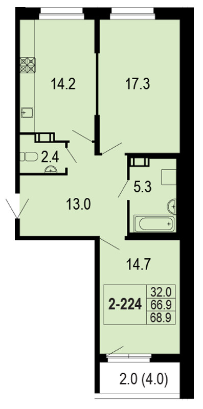 2-комнатная, 69 м² — ЖК ЖК Жемчужный берег